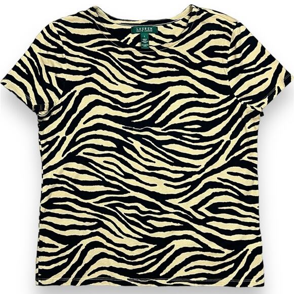 Lauren Ralph Lauren Women's Woven Cotton Black & Beige Tiger Stripe Tee, Size L - Picture 1 of 7